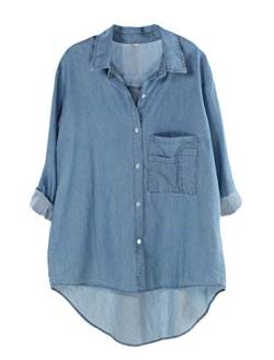 FTCayanz Damen Leinen Blusen Langarmshirt Große Größen Freizeit Tunika Oberteil Locker Hemd Shirts 2-Denim Blau XXL von FTCayanz