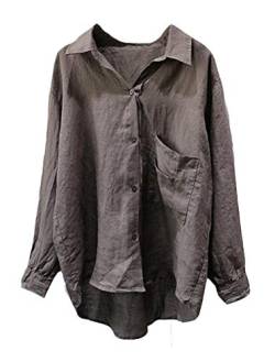 FTCayanz Damen Leinen Blusen Langarmshirt Große Größen Freizeit Tunika Oberteil Locker Hemd Shirts 2-Grau XL von FTCayanz