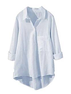 FTCayanz Damen Leinen Blusen Langarmshirt Große Größen Freizeit Tunika Oberteil Locker Hemd Shirts 2-Hellblau M von FTCayanz