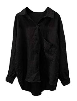 FTCayanz Damen Leinen Blusen Langarmshirt Große Größen Freizeit Tunika Oberteil Locker Hemd Shirts 2-Schwarz L von FTCayanz