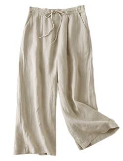 FTCayanz Damen Leinen Culottes Hose Leichte Weitem Bein Sommerhose mit Kordelzug Beige XL von FTCayanz