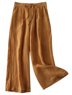 FTCayanz Damen Leinen Culottes Hose Leichte Weitem Bein Sommerhose mit Kordelzug Gelb M von FTCayanz