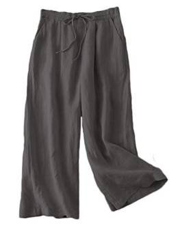 FTCayanz Damen Leinen Culottes Hose Leichte Weitem Bein Sommerhose mit Kordelzug Grau M von FTCayanz