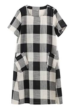 FTCayanz Damen Leinen Hemd Kleider Sommer Casual Kurzarm Plaid Tunika Midi Kleid - Schwarz - XX-Large von FTCayanz