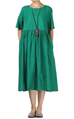 FTCayanz Damen Leinen Sommer Kleider Rundhals Kurzarm Midi Kleid mit Doppelte Taschen Grün L von FTCayanz