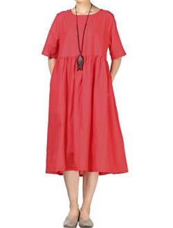 FTCayanz Damen Leinen Sommer Kleider Rundhals Kurzarm Midi Kleid mit Doppelte Taschen Rot L von FTCayanz