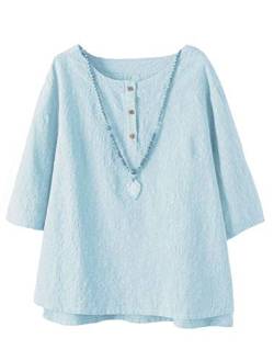 FTCayanz Damen Leinen Tops Shirts Sommer Casual Jacquard Tunika Bluse - Blau - X-Groß von FTCayanz