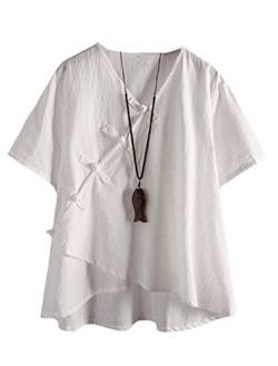 FTCayanz Damen Leinen Tunika Tops V-Ausschnitt Knopfleiste Bluse Kurzarm T-Shirt Weiß XL von FTCayanz