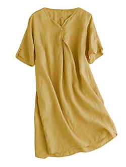 FTCayanz Damen Sommerkleid Leinenkleider V-Ausschnitt Kurzarm Midi Kleid Lange Tunika Bluse Gelb XL von FTCayanz