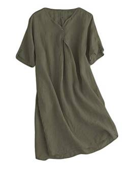 FTCayanz Damen Sommerkleid Leinenkleider V-Ausschnitt Kurzarm Midi Kleid Lange Tunika Bluse Khaki-grün L von FTCayanz