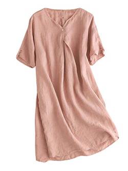 FTCayanz Damen Sommerkleid Leinenkleider V-Ausschnitt Kurzarm Midi Kleid Lange Tunika Bluse Rosa M von FTCayanz