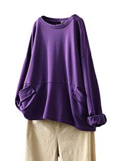 FTCayanz Damen Sweatshirt Pullover Langarm Oberteile Oversize Langarmshirt Tunika Tops mit Taschen Lila L von FTCayanz