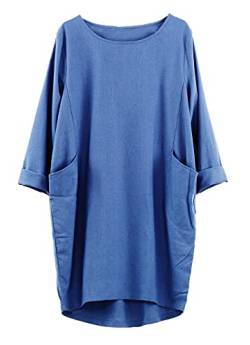 FTCayanz Damen T-Shirt Tunika Kleid Langes Leinenkleider Elegant Langarm Blusenkleid Mini Kleider Blau XL von FTCayanz