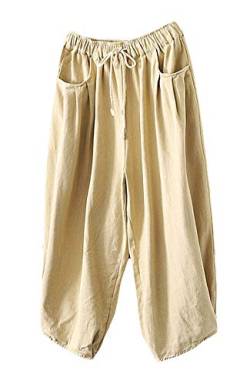 FTCayanz Damen Weite Baggy Haremshose Freizeithose Sommer Baumwolle Lockere Palazzo Hosen mit Taschen Beige 2XL von FTCayanz