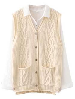 FTCayanz Damen Weste Ärmellose Strickjacke Cardigan V-Ausschnitt Knopf Strickweste mit Tasche Beige XL von FTCayanz