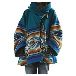 Claw Button Mäntel für Frauen Retro Aztekenmuster Baggy Langarm Kapuzenjacke Mantel, A Blau, XXXL von FTRGHNY