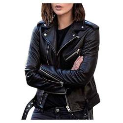 Damen Kunstleder Jacke Notch Revers Reißverschluss Gürtel Saum Kurz Motorradjacke, Schwarz , 54 von FTRGHNY