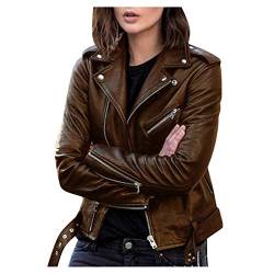 Damen Kunstleder Jacke Notch Revers Reißverschluss Gürtel Saum Kurz Motorradjacke, braun, 54 von FTRGHNY