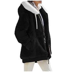 Fleecejacke für Damen, mit Kapuze, Reißverschluss, warm, Plüsch, mehrfarbig, Damen-Winterjacke, Mantel mit Taschen, A Schwarz, 54 von FTRGHNY