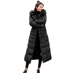 Maxi-Wintermäntel für Damen, mit Gürtel, solide, langer Puffermantel mit Kunstpelz, große Kapuze, Schwarz , 48 von FTRGHNY