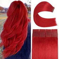 Klebeband in Haarverlängerungen Rot 100% Remy Echthaarverlängerungen seidig glatt, 20 Stück 50g gerade und dicke Klebeband-Ins,20inch von FUIBEJAE