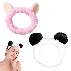 Haarband Kosmetik Panda Katzenohren, FUKPO 2pcs Gesicht Make Up Stirnbänder Haarband Schminken Dusche Waschen Kosmetisches Stirnband, Plüsch Elastische Haarbänder Damen Frauen Mädchen Yoga Spa Sport von FUKPO