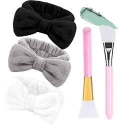 Makeup Haarband, FUKPO 3 Stück Damen Kosmetik Haarband Bowknot Stirnband mit 2 Silikonpinsel Maskenpinsel Gesicht, Haarbänder Schleife Elastisch Spa Haarreif für Gesichtsreinigung Schönheit Yoga von FUKPO