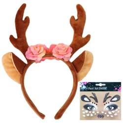 Rentier Haarreif mit Blumen + Rentier-Gesichtsaufkleber, FUKPO Reh Ohren Haarreifen Kostüm Damen Mädchen Kinder Erwachsene, Kopfschmuck Geweih Karneval Mottoparty Fasching Cosplay Weihnachten von FUKPO