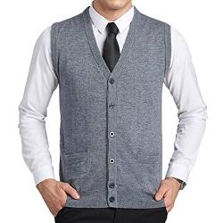 FULIER Herren Wolle V-Ausschnitt Gilet Sleeveless Weste Klassische Gentleman Strickwaren Strickjacken Strickpullover Tank Tops Mit Knöpfen (L, Grau) von FULIER