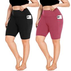 FULLSOFT Biker-Shorts in Übergröße für Damen, hohe Taille, XL-4X, Bauchkontrolle, Damen-Shorts mit Taschen, Leggings, Schwarz + Dunkelrosa, 3XL-Mehr Kurz von FULLSOFT