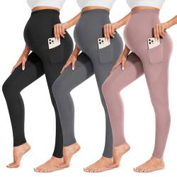 FULLSOFT Umstandsleggings für Damen, mit hoher Taille, für Workout, Schwangerschaft, Yoga, Taschen, 3er-Pack von FULLSOFT