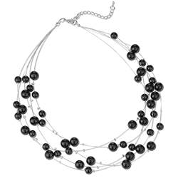 FULU AUTUMN Boho Perlenkette Damen Silber Statement Kette Mehrreihige Modeschmuck Geburtstagsgeschenk für Frauen(Black) von FULU AUTUMN