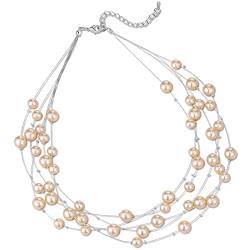 FULU AUTUMN Boho Perlenkette Damen Silber Statement Kette Mehrreihige Modeschmuck Geburtstagsgeschenk für Frauen(Champagne) von FULU AUTUMN