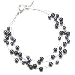 FULU AUTUMN Boho Perlenkette Damen Silber Statement Kette Mehrreihige Modeschmuck Geburtstagsgeschenk für Frauen(Dark grey) von FULU AUTUMN