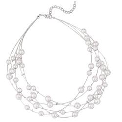 FULU AUTUMN Boho Perlenkette Damen Silber Statement Kette Mehrreihige Modeschmuck Geburtstagsgeschenk für Frauen(Grey) von FULU AUTUMN