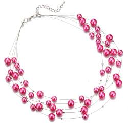 FULU AUTUMN Boho Perlenkette Damen Silber Statement Kette Mehrreihige Modeschmuck Geburtstagsgeschenk für Frauen(Hot pink) von FULU AUTUMN