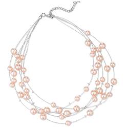 FULU AUTUMN Boho Perlenkette Damen Silber Statement Kette Mehrreihige Modeschmuck Geburtstagsgeschenk für Frauen(Pink) von FULU AUTUMN