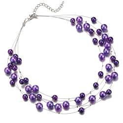 FULU AUTUMN Boho Perlenkette Damen Silber Statement Kette Mehrreihige Modeschmuck Geburtstagsgeschenk für Frauen(Purple) von FULU AUTUMN