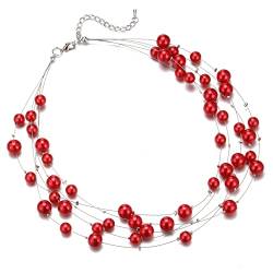 FULU AUTUMN Boho Perlenkette Damen Silber Statement Kette Mehrreihige Modeschmuck Geburtstagsgeschenk für Frauen(Red) von FULU AUTUMN