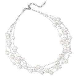 FULU AUTUMN Boho Perlenkette Damen Silber Statement Kette Mehrreihige Modeschmuck Geburtstagsgeschenk für Frauen(White) von FULU AUTUMN