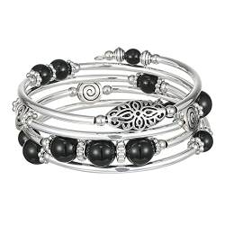 FULU AUTUMN Damen Boho Armband mit Mehrschichtiges Perlen Silber Wickelarmband Modeschmuck Geschenke zum Geburtstag und Muttertag für Frauen(17-Black) von FULU AUTUMN