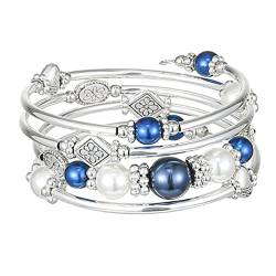 FULU AUTUMN Damen Boho Armband mit Mehrschichtiges Perlen Silber Wickelarmband Modeschmuck Geschenke zum Geburtstag und Muttertag für Frauen(18-Blue) von FULU AUTUMN