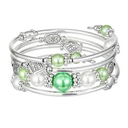 FULU AUTUMN Damen Boho Armband mit Mehrschichtiges Perlen Silber Wickelarmband Modeschmuck Geschenke zum Geburtstag und Muttertag für Frauen(18-Green) von FULU AUTUMN