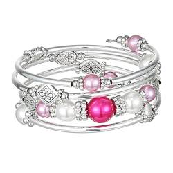 FULU AUTUMN Damen Boho Armband mit Mehrschichtiges Perlen Silber Wickelarmband Modeschmuck Geschenke zum Geburtstag und Muttertag für Frauen(18-Hot pink) von FULU AUTUMN