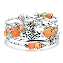 FULU AUTUMN Damen Boho Armband mit Mehrschichtiges Perlen Silber Wickelarmband Modeschmuck Geschenke zum Geburtstag und Muttertag für Frauen(Orange) von FULU AUTUMN