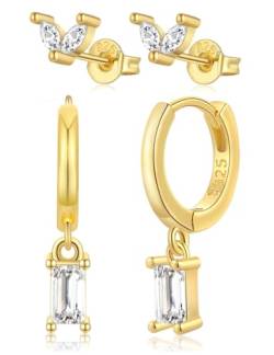 FUNEIA 2 Paare Ohrringe Gold Set Hängend Tropfen Damen Frauen 14K Vergoldet Creolen Goldene Ohrstecker mit Anhänger Grün Blau Grüner Stein Drop Modeschmuck Bijux ohrring Geschenke für Mädchen von FUNEIA