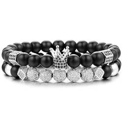 FUNEIA 2 Stück Onyx Perlenarmband für Herren King & Queen Crown mit 8mm Naturstein Perlen Natürlicher Schwarzer Matter Onyxstein Stretch-Armbänder für Männer Tolle Geschenkidee von FUNEIA