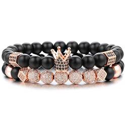 FUNEIA 2 Stück Onyx Perlenarmband für Herren King & Queen Crown mit 8mm Naturstein Perlen Natürlicher Schwarzer Matter Onyxstein Stretch-Armbänder für Männer Tolle Geschenkidee von FUNEIA
