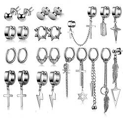 FUNEIA 24 Stücke Ohrringe Herren und Damen Edelstahl Ohrringe Silber Schwarz Ohrstecker Kleine Creolen Kreuz Feder Anhänger Ohrring Set Gothic Ohrringe für Männer von FUNEIA