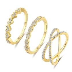 FUNEIA 3 Stück Ring Silber Damen Frauen Stapelbare Ringe Set 18 Karat Weißgold Ehering Verlobungsring Trauringe Weiß Zirkonia Fingerring Knöchelringe Schmuck Größe 49-62 (Gold Set A, 52（16.5）) von FUNEIA